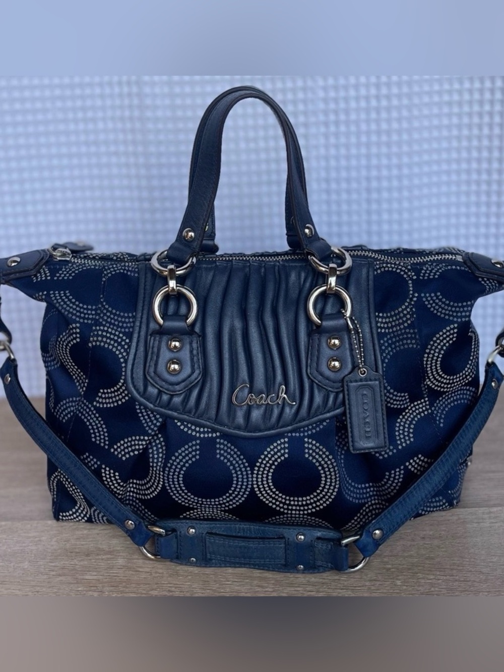 Coach Ashley OP Art Navy Quilted Signature Satchel with Silver Hardware